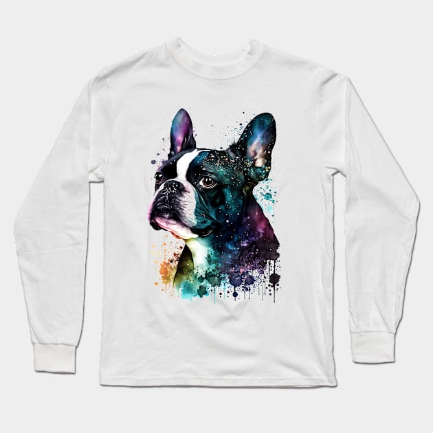 Rainbow Boston Terrier Watercolor Art Long Sleeve T-Shirt by doglovershirts